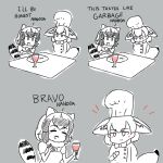  2girls ^_^ animal_ears arms_behind_back beolseoneunseobeol blush bow bowtie buttons chef chef_hat chef_uniform closed_eyes closed_eyes closed_mouth comic common_raccoon_(kemono_friends) crossed_arms cup drink drinking_glass english fennec_(kemono_friends) fox_ears fox_tail greyscale hand_up hands_up hat holding holding_cup kemono_friends long_sleeves looking_at_another monochrome multiple_girls ok_sign open_mouth plate puffy_short_sleeves puffy_sleeves raccoon_ears raccoon_tail short_hair short_sleeves smile spot_color striped_tail sweater table tail upper_body 