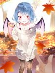  1girl autumn_leaves black_legwear blue_hair blush collarbone crepe day demon_wings dress eyebrows_visible_through_hair food hair_between_eyes hair_ornament hairclip highres holding holding_food index_finger_raised jewelry leaf looking_at_viewer maple_leaf nail_polish necklace off-shoulder_dress off_shoulder open_mouth outdoors pantyhose red_eyes red_nails remilia_scarlet shiny shiny_hair short_hair standing sweater sweater_dress touhou white_sweater wings yurara_(aroma42enola) 