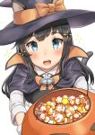  1girl absurdres animal_ears asashio_(kantai_collection) belt black_hair blue_eyes candy cape cat_ears cat_tail collared_shirt dress fake_animal_ears fake_tail food from_above gloves halloween halloween_costume hat highres kantai_collection lollipop long_hair long_sleeves looking_at_viewer looking_up neck_ribbon open_mouth orange_neckwear pinafore_dress pleated_skirt pumpkin red_ribbon remodel_(kantai_collection) ribbon school_uniform shirt skirt smile solo soushou_nin sparkle swirl_lollipop tail white_background white_gloves white_shirt witch_hat 