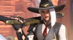  1girl 3d ashe_(overwatch) canyon hat necktie overwatch rifle tagme upper_body weapon weapon_over_shoulder white_hair 