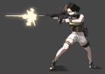  1girl absurdres black_gloves breasts brown_eyes brown_hair fingerless_gloves firing full_body gloves grey_background gun highres knife medium_breasts medium_hair military original pouch rifle seriousman sheath sheathed shoes shorts standing thigh_strap weapon white_shorts wristband 