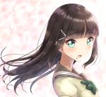  1girl bangs blush bow bowtie brown_hair brown_sailor_collar brown_shirt commentary_request eyebrows_visible_through_hair green_eyes green_neckwear hair_ornament hairclip kurosawa_dia long_hair looking_at_viewer looking_to_the_side love_live! love_live!_sunshine!! mole mole_under_mouth open_mouth puffy_short_sleeves puffy_sleeves sailor_collar shirt short_sleeves sidelocks sin_(sin52y) solo upper_body 