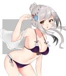  1girl absurdres ayuko_(mochiayuko) azur_lane bare_shoulders bikini blush braid breasts brown_eyes butterfly_hair_ornament dunkerque_(azur_lane) hair_ornament hand_up highres large_breasts leaning_forward long_hair looking_at_viewer navel open_mouth side-tie_bikini silver_hair simple_background solo standing swimsuit 