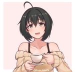  1girl ahoge bangs bare_shoulders black_hair blush brown_eyes coffee coffee_mug collarbone cup disco_brando hair_between_eyes highres idolmaster idolmaster_cinderella_girls kohinata_miho looking_at_viewer mug off-shoulder_sweater open_mouth short_hair simple_background smile solo sweater upper_body 