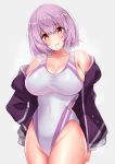  1girl bangs bare_shoulders blush breasts cleavage collarbone covered_navel highleg highleg_swimsuit highres hips jacket large_breasts lavender_hair looking_at_viewer open_clothes open_jacket open_mouth purple_jacket red_eyes sankakusui shinjou_akane shiny shiny_hair short_hair simple_background smile solo ssss.gridman swimsuit thighs waist white_background white_swimsuit 