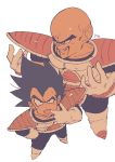  2boys :p armor bald black_hair boots dragon_ball dragonball_z evil_smile facial_hair from_above frown full_body gloves hand_on_hip hands_up height_difference looking_at_viewer looking_away male_focus multiple_boys mustache nappa short_hair simple_background smile spiky_hair teeth tongue tongue_out vegeta white_background white_gloves 