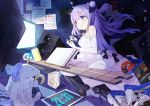  1girl 999kun azur_lane bangs blue_eyes can cd cd_case clock commentary controller digital_clock dress elbow_gloves evening_gown eyebrows_visible_through_hair game_console game_controller gloves hair_between_eyes hair_ribbon highres long_hair one_side_up playstation_4 purple_hair ribbon sitting soda_can solo speaker stuffed_animal stuffed_toy stuffed_unicorn television tongue tongue_out unicorn_(azur_lane) wariza white_dress white_gloves 
