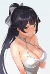  1girl azur_lane bangs bare_shoulders black_hair blush bow breasts casual_one-piece_swimsuit cleavage collarbone criss-cross_halter hair_bow hair_flaps halterneck hand_on_own_chest highres large_breasts long_hair looking_at_viewer nnoelllll one-piece_swimsuit parted_lips ponytail ribbon simple_background solo swimsuit takao_(azur_lane) white_background white_bow white_ribbon white_swimsuit 