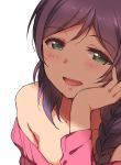  1girl bare_shoulders blush braid collarbone deyuuku eyebrows_visible_through_hair green_eyes hand_on_own_cheek long_hair looking_at_viewer love_live! love_live!_school_idol_project open_mouth purple_hair simple_background single_braid smile solo toujou_nozomi upper_body white_background 