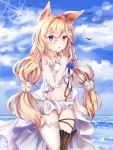  1girl animal_ears asymmetrical_legwear babydoll bare_arms bare_shoulders black_legwear blonde_hair blue_eyes blue_flower blue_rose blue_sky blush breasts cat_ears clouds collarbone commentary day flower g41_(girls_frontline) girls_frontline hair_ornament hand_up heterochromia highres horizon long_hair looking_at_viewer low-tied_long_hair medium_breasts miniskirt mutang ocean outdoors parted_lips pleated_skirt red_eyes rose single_thighhigh skirt sky solo standing thigh-highs very_long_hair water white_babydoll white_skirt 