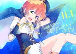 1girl arm_behind_head blue_background blue_cape blue_hat cape center_frills character_name clenched_hand commentary_request dated detached_sleeves earrings green_eyes happy_birthday hat hoshizora_rin itsuki_kuro jewelry leg_tattoo looking_at_viewer love_live! love_live!_school_idol_festival love_live!_school_idol_project orange_hair print_cape ribbon short_hair shorts solo star starry_sky_print tattoo underbust vambraces white_shorts yellow_ribbon zodiac 