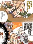  1girl 2boys 2koma armor blonde_hair braid chibi comic denim denim_shorts fate/apocrypha fate/prototype fate_(series) french_braid green_eyes long_hair mordred_(fate) mordred_(fate)_(all) mordred_(fate/prototype) multiple_boys ponytail rolling shishigou_kairi shorts sidelocks smile sparkle sunglasses translation_request yamany 