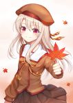  1girl bangs beret blush bow brown_hat brown_shirt brown_skirt closed_mouth commentary_request eyebrows_visible_through_hair fate/kaleid_liner_prisma_illya fate_(series) hair_between_eyes hat highres holding holding_leaf homurahara_academy_uniform illyasviel_von_einzbern leaf light_brown_hair long_hair long_sleeves maple_leaf pleated_skirt red_bow red_eyes school_uniform seungju_lee shirt skirt smile solo striped striped_bow very_long_hair 