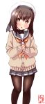  1girl artist_logo black_legwear brown_cardigan brown_eyes brown_hair cardigan chestnut_mouth commentary_request dated eyebrows_visible_through_hair feet_out_of_frame grey_sailor_collar grey_skirt hands_clasped hat highres kanon_(kurogane_knights) kantai_collection looking_at_viewer own_hands_together pantyhose pleated_skirt sailor_collar sailor_hat school_uniform serafuku short_hair simple_background skirt sleeves_past_wrists solo standing taihou_(kantai_collection) white_background white_hat 