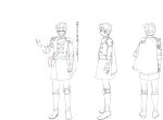  1boy arm_strap armor bangs boots capelet character_sheet coat epaulettes fingerless_gloves from_behind full_body glasses gloves kiseru_(senjuushi) knee_boots knee_pads lineart majiro_(mazurka) male_focus military military_uniform multiple_views official_art ribbon_bangs senjuushi:_the_thousand_noble_musketeers shoulder_armor smirk spiky_hair standing translation_request transparent_background turnaround uniform 