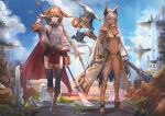  2girls absurdres animal_ears axe bangs blade blonde_hair blue_eyes boots bracelet breasts brown_eyes brown_footwear cape character_request commission copyright_request dark_skin facepaint fantasy floating_island full_body headgear high_heel_boots high_heels highres jewelry knee_boots large_breasts leg_armor long_hair looking_at_viewer medium_breasts multiple_girls navel neonbeat red_cape shoulder_armor signature standing stomach white_hair 
