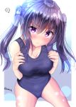  1girl bangs bare_arms bare_shoulders blue_swimsuit blush breasts cleavage collarbone cowboy_shot eyebrows_visible_through_hair fingernails gluteal_fold hair_between_eyes hands_on_own_chest hands_up head_tilt large_breasts long_hair mokufuu one-piece_swimsuit original purple_hair school_swimsuit sidelocks solo spoken_blush swimsuit twintails twitter_username very_long_hair violet_eyes white_background 