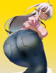  1girl antenna_hair ass bent_over breasts brown_eyes dark_skin denim from_behind gradient gradient_background hips huge_ass jeans kouki_kuu large_breasts long_hair looking_at_viewer looking_back pants pointy_ears raised_eyebrows sansei_muramasa silver_hair solo soukou_akki_muramasa tan thick_thighs thighs very_long_hair wide_hips yellow_background 