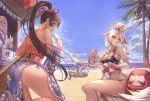  1boy 4girls abe_no_seimei_(onmyoji) bai_lang beach bird bird_mask black_hair bow breasts day dharma_egg eyebrows_visible_through_hair flag food fox_tail fruit hair_ornament high_ponytail highres ice_cream japanese_clothes kagura_(onmyoji) kraken_(onmyoji) large_breasts long_hair looking_at_another looking_at_viewer looking_back mask mask_on_head monster_girl multiple_girls ocean octopus onmyoji onmyouji outdoors parted_lips penguin ponytail ship silver_hair sitting sitting_on_object smile standing standing_on_one_leg swimsuit tagme tail tankini thumbs_up ubume_(onmyoji) very_long_hair water watercraft watermelon white_hair yellow_eyes yougen_kitsune youtouhime 