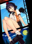  1girl ;d bangs bare_legs black_footwear black_hair black_neckwear black_skirt black_wings blue_sky bow bowtie breasts buttons collared_shirt commentary_request convenient_leg day dress_shirt eyebrows_visible_through_hair feathered_wings film_strip foreshortening fourth_wall full_moon geta hair_between_eyes hand_on_own_knee hat highres looking_at_viewer medium_hair miniskirt moon night night_sky one_eye_closed open_mouth pointy_ears puffy_sleeves red_eyes red_hat shameimaru_aya shirt shoes sitting skirt sky small_breasts smile socks solo taketora_suzume tengu-geta tokin_hat touhou white_legwear white_shirt wing_collar wings 