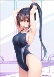  1girl armpits arms_up asami_asami bangs bare_arms black_hair black_swimsuit blush breasts collarbone commentary_request competition_swimsuit cowboy_shot hair_between_eyes hair_tie high_ponytail highleg highleg_swimsuit highres long_hair looking_at_viewer medium_breasts mouth_hold one-piece_swimsuit original polka_dot polka_dot_background pool_ladder poolside red_eyes sideboob sidelocks skindentation solo swimsuit twitter_username tying_hair very_long_hair 