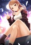  1girl bangs bare_shoulders blush boots breasts brown_eyes brown_footwear brown_hair brown_jacket cleavage closed_mouth collarbone earrings full_moon fur_jacket hand_gesture highres houjou_karen idolmaster idolmaster_cinderella_girls jacket jewelry kazu legs legs_crossed long_hair looking_at_viewer medium_breasts moon night night_sky off_shoulder sky smile solo swept_bangs thighs v white_tank_top 