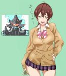  1girl alternate_costume bow breasts brown_hair brown_sweater cardigan contrapposto cowboy_shot diagonal_stripes highres large_breasts looking_at_viewer miniskirt open_mouth plaid plaid_skirt pleated_skirt pretty-purin720 purple_skirt short_hair skirt smile ssss.gridman striped striped_bow sweater takarada_rikka&#039;s_mother yellow_eyes 