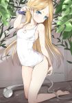  1girl abigail_williams_(fate/grand_order) bangs bare_arms bare_legs bare_shoulders barefoot blonde_hair blue_eyes blush closed_mouth commentary_request fate/grand_order fate_(series) forehead head_tilt long_hair looking_at_viewer old_school_swimsuit one-piece_swimsuit parted_bangs polka_dot polka_dot_scrunchie purple_scrunchie school_swimsuit scrunchie shower_head soles solo swimsuit twitter_username tyone very_long_hair white_swimsuit wrist_scrunchie 