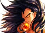  1boy 2014 black_hair close-up closed_eyes dated dragon_ball dragon_ball_(object) dragonball_z face fingernails floating_hair glowing hand_to_own_mouth highres light_smile long_hair male_focus raditz simple_background upper_body very_long_hair white_background 