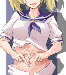  1girl blonde_hair collarbone heart heart_hands highres kamiya_ueshi kitashirakawa_chiyuri midriff navel open_fly open_mouth puffy_short_sleeves puffy_sleeves sailor sailor_collar sailor_shirt shirt short_hair short_sleeves shorts simple_background stomach touhou touhou_(pc-98) uniform white_shorts 