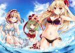  3girls :o alice_margatroid arm_at_side bangs bare_arms bare_shoulders bikini black_bikini_bottom blonde_hair blue_bikini blue_eyes blue_sky blush breasts cleavage closed_mouth clouds cross cross_necklace day eyebrows_visible_through_hair flower frilled_bikini frills front-tie_bikini front-tie_top front_ponytail gluteal_fold green_eyes green_hair hair_ribbon hairband halter_top halterneck hand_up jewelry kagiyama_hina kisaragi_yuri licking_lips long_hair looking_at_viewer md5_mismatch medium_breasts multiple_girls navel necklace orange_eyes original outdoors red_bikini red_bikini_top red_hairband red_ribbon ribbon shiny shiny_hair side-tie_bikini sky solo splashing stomach summer swimsuit tongue tongue_out touhou wading wet white_flower 