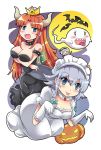  2girls 3girls bat blue_eyes blush_stickers boo bow bowsette bowsette_(cosplay) braid breast_hold breasts cleavage collar colonel_aki commentary_request cosplay crown earrings elbow_gloves fang full_moon ghost gloves green_eyes hair_between_eyes hair_bow hairband halloween highres hong_meiling horns izayoi_sakuya jack-o&#039;-lantern jewelry konpaku_youmu large_breasts long_hair maid_headdress super_mario_bros. mini_crown moon multiple_girls new_super_mario_bros._u_deluxe nintendo princess_king_boo princess_king_boo_(cosplay) redhead sharp_teeth silver_hair smile spiked_collar spikes teeth tongue tongue_out touhou turtle_shell twin_braids wrist_cuffs 