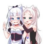  2girls :d absurdres american_flag american_flag_print animal_ear_fluff animal_ears azur_lane bangs bare_shoulders black_bow black_dress black_sleeves blue_eyes blush bow breasts brown_gloves cat_ears cheek_pull collarbone commentary_request detached_sleeves dress elbow_gloves eyebrows_visible_through_hair fang fingerless_gloves flag_print forehead gloves green_eyes hair_bow hammann_(azur_lane) hands_up highres kirisame_mia long_hair multiple_girls open_mouth parted_bangs print_neckwear puffy_short_sleeves puffy_sleeves remodel_(azur_lane) short_sleeves silver_hair simple_background sims_(azur_lane) small_breasts smile strapless strapless_dress two_side_up very_long_hair white_background wrist_cuffs 