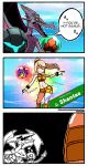  1girl 3koma abs blonde_hair breasts cleavage closed_eyes comic commentary dancing dark_samus dragonith english facepalm highres metroid metroid_(creature) mole mole_under_mouth monster nintendo outstretched_arms ponytail possessed ridley samus_aran shantae_(character) shantae_(series) short_shorts shorts smile speech_bubble super_smash_bros. super_smash_bros._ultimate sweat toned wristband |_| 