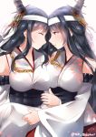  2girls asymmetrical_docking bangs bare_shoulders bloom blush breast_press breasts closed_eyes commentary_request detached_sleeves fusou_(kantai_collection) japanese_clothes juurouta kantai_collection large_breasts long_hair long_sleeves looking_at_another multiple_girls profile twitter_username white_sleeves wide_sleeves yamashiro_(kantai_collection) 