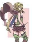  1girl ass black_gloves black_legwear bow bow_(weapon) cloak elf flat_ass flat_chest from_behind gloves goblin_slayer! green_eyes green_hair hair_bow high_elf_archer_(goblin_slayer!) highres leg_warmers long_hair low_ponytail pointy_ears shin_murasame shorts single_sleeve solo thigh-highs weapon 