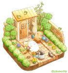  artist_name bear bird black_eyes blue_bow blue_neckwear blush bow bowtie bucket door flower gardening isometric looking_at_another looking_away mole no_humans original outdoors penguin red_bow red_neckwear shed shovel st.kuma stool tree trowel twitter_username watering watering_can 