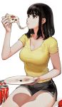  1girl black_hair brown_eyes can eating food highres holding jun_(seojh1029) medium_hair original pizza plate simple_background soda_can solo white_background 