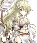  1girl aoiyamagi4 armor blonde_hair blush bow breasts brown_eyes detached_collar flower gloves hair_flower hair_ornament high_ponytail long_hair looking_at_viewer medium_breasts nanaly_(sennen_sensou_aigis) navel ponytail sennen_sensou_aigis solo standing very_long_hair white_background white_collar white_gloves 