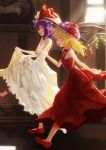  absurdres adapted_costume bare_arms bare_shoulders bat_wings black_wings blonde_hair collarbone crystal dress dress_lift flandre_scarlet frilled_dress frills from_side gloves hat hat_ribbon highres indoors lifted_by_self mob_cap pink_hat pointy_ears portrait_(object) profile purple_hair red_dress red_eyes red_footwear red_ribbon remilia_scarlet ribbon ririri sash shoes siblings sisters smile strapless strapless_dress sunlight touhou violet_eyes walking white_dress white_gloves white_hat window wings 
