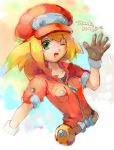 1girl blonde_hair breasts cabbie_hat commentary_request dinef green_eyes hat jacket long_hair looking_at_viewer red_jacket rockman rockman_dash rockman_dash_3 roll_caskett smile solo 