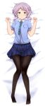  1girl bangs bed_sheet blue_jacket blue_skirt blush brown_legwear closed_mouth commentary_request dakimakura eyebrows_visible_through_hair full_body hands_up highres idolmaster idolmaster_million_live! jacket lockheart looking_at_viewer lying makabe_mizuki necktie no_shoes nose_blush on_back pantyhose plaid_neckwear pleated_skirt puffy_short_sleeves puffy_sleeves purple_hair short_sleeves skirt solo 