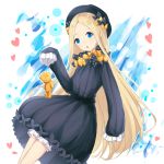  1girl abigail_williams_(fate/grand_order) bangs black_bow black_dress black_hat blonde_hair bloomers blue_eyes bow bug butterfly commentary dress eyebrows_visible_through_hair fate/grand_order fate_(series) forehead hair_bow hand_up hat holding insect long_hair long_sleeves orange_bow parted_bangs parted_lips polka_dot polka_dot_bow rocm_(nkkf3785) sleeves_past_fingers sleeves_past_wrists solo stuffed_animal stuffed_toy teddy_bear underwear very_long_hair white_bloomers 