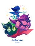 1girl 2boys blue_skin clenched_hands copyright_name deltarune female furry green_hat grin hair_over_eyes hat holding holding_sword holding_weapon kris_(deltarune) male pointing pokeno255 purple_hair ralsei red_scarf scarf sharp_teeth smile studded_bracelet susie_(deltarune) sword teeth twitter_username weapon