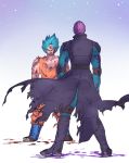  2boys arms_at_sides blood blood_on_face blood_splatter bloody_clothes blue_background blue_eyes blue_hair boots clothes_lift dirty dirty_clothes dirty_face dougi dragon_ball dragon_ball_super dragonball_z facing_away full_body gradient gradient_background grin hit_(dragon_ball) looking_at_another male_focus multiple_boys serious short_hair simple_background smile son_gokuu spiky_hair standing super_saiyan_blue suzuki_zentarou torn_clothes white_background 
