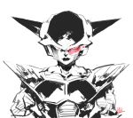  1boy akame_(chokydaum) armor close-up dragon_ball dragonball_z evil_smile frieza hand_on_hip horns looking_at_viewer male_focus monochrome pink pink_eyes red scouter serious simple_background smile spot_color standing upper_body white_background 