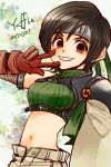  1girl breasts brown_hair commentary_request final_fantasy final_fantasy_vii gloves headband highres looking_at_viewer midriff ninja open_fly open_mouth short_hair shorts sleeveless sleeveless_turtleneck smile solo turtleneck unzipped yadoso yuffie_kisaragi 