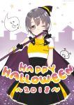  1girl 2018 ;) bangs black_cape black_dress black_hat blush brown_cape brown_hair cane cape closed_mouth commentary_request dress eyebrows_visible_through_hair ghost gloves grey_eyes hair_between_eyes halloween happy_halloween hat head_tilt highres holding holding_cane idolmaster idolmaster_cinderella_girls mini_hat mini_witch_hat mishima_ryo multicolored multicolored_cape multicolored_clothes multicolored_dress multicolored_gloves one_eye_closed otokura_yuuki pleated_dress smile solo tilted_headwear witch_hat 