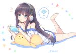  1girl ? azur_lane bangs bare_legs barefoot blue_eyes blush brown_hair chips eyebrows_visible_through_hair food food_in_mouth hair_between_eyes handheld_game_console hands_up headphones holding holding_handheld_game_console long_island_(azur_lane) looking_at_viewer lying mouth_hold off-shoulder_shirt on_stomach potato_chips shirt short_sleeves solo spoken_question_mark standing star stuffed_animal stuffed_bird stuffed_toy takeg05 twitter_username white_background white_shirt 