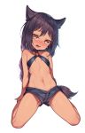  1girl animal_ears bangs bare_arms bare_shoulders black_shorts blush breasts brown_eyes brown_hair commentary_request eyebrows_visible_through_hair fang head_tilt highres jahy_sama_wa_kujikenai long_hair mokew navel nose_blush o-ring o-ring_top open_mouth short_shorts shorts simple_background sitting small_breasts solo tail very_long_hair wariza white_background 